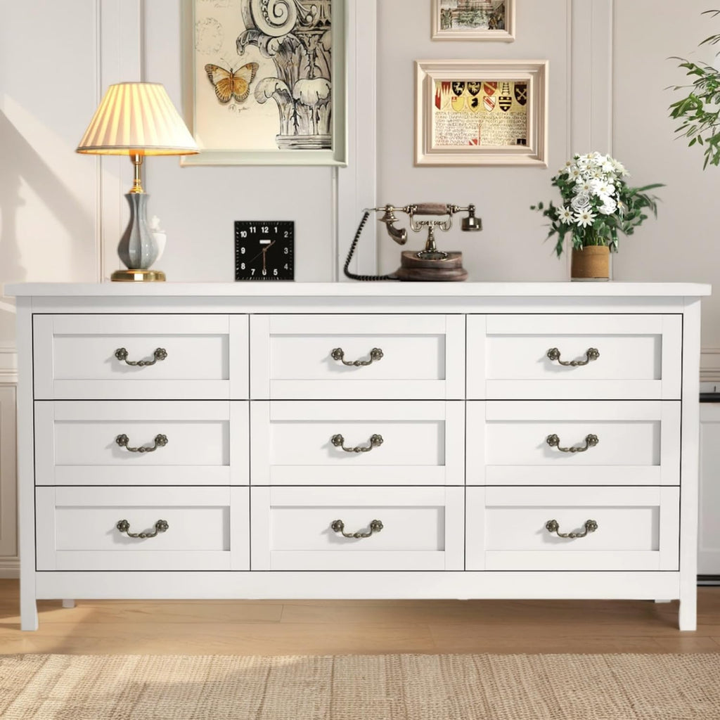 Farmhouse 9 Drawer Dresser for Bedroom, 63" Wide Long Chest of Drawers with Deep Drawers & Vintage Handle, Storage Dresser Organizer, TV Stand for Bedroom, Living Room (White)
