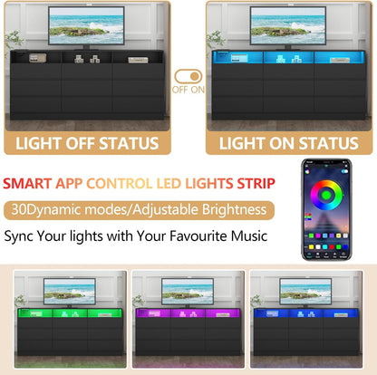 9 Drawers Dresser with Power Outlet, LED Large Dressers Chest with Handle Free Drawers, Modern Long Dressers Storage Cabinet for Closet Living Room (Black)