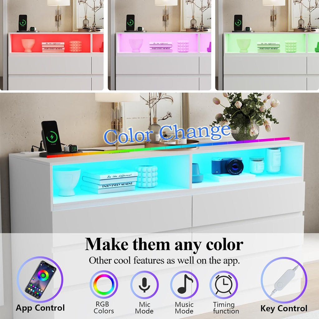 Dresser for Bedroom with Full Length Mirror 48"x16", White Storage Cabinet with Power Outlet, 6 Drawer Dresser with LED Light, Modern Dressers with Charging Station(White)