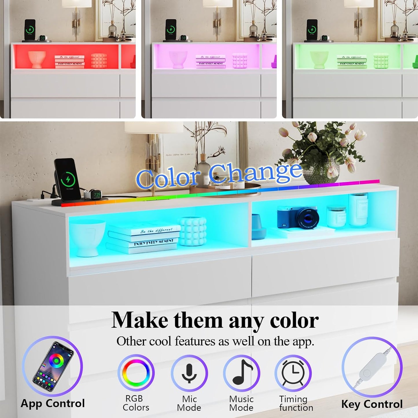 6 Drawer Dresser with Mirror for Bedroom, Accent Chests of Drawers with LED Light and Power Outlet, White 6 Dresser with Charging Station and 47"x15.7" Full Length Mirror (White)