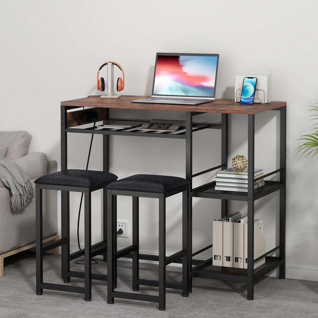 Bar Table and Chairs Set with Power Outlet, Pub Table and Chairs Set for 2 with 2 Storage Shelves, 3 Piece Table Set with Wine Rack&Glass Holder for Living Room,Dining Room,Small Apt (Rustic)