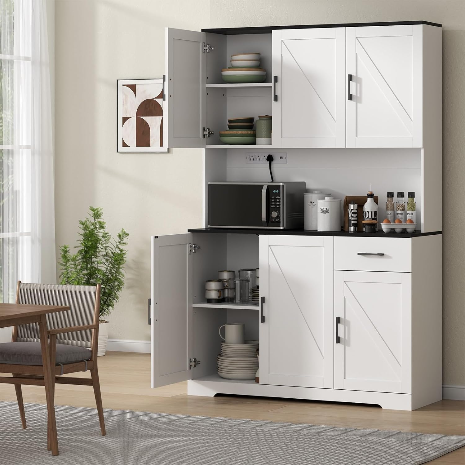 71’’ Farmhouse Kitchen Pantry Cabinet, Tall Storage Cabinet with Power Outlet, Freestanding Hutch with Drawer, 4 Adjustable Shelf & 6 Doors for Kitchen Living Room (White)