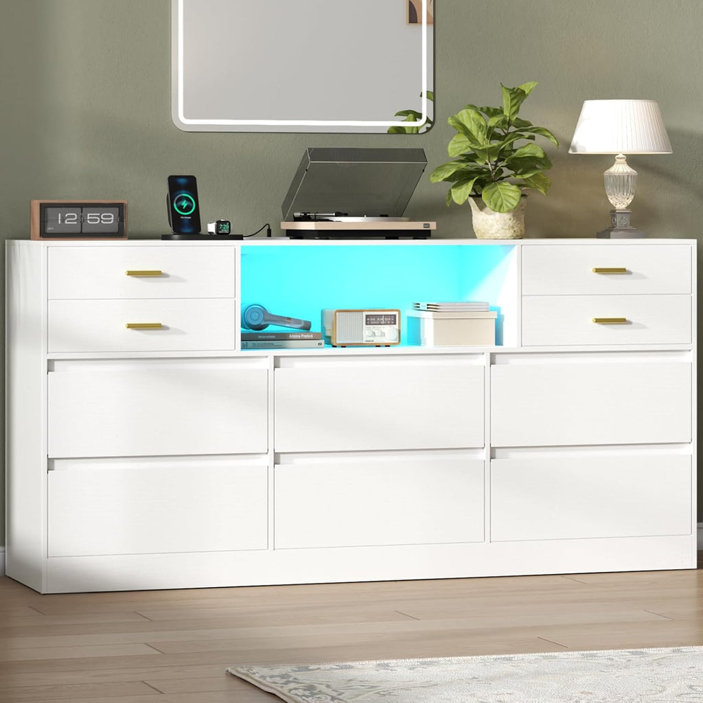 10 Drawers Dresser, LED Dressers & Chests of Drawers with Power Outlet, 58" Wide Long Dresser for Bedroom, Modern TV Stand with 1 Open Storage Cubbies (White)
