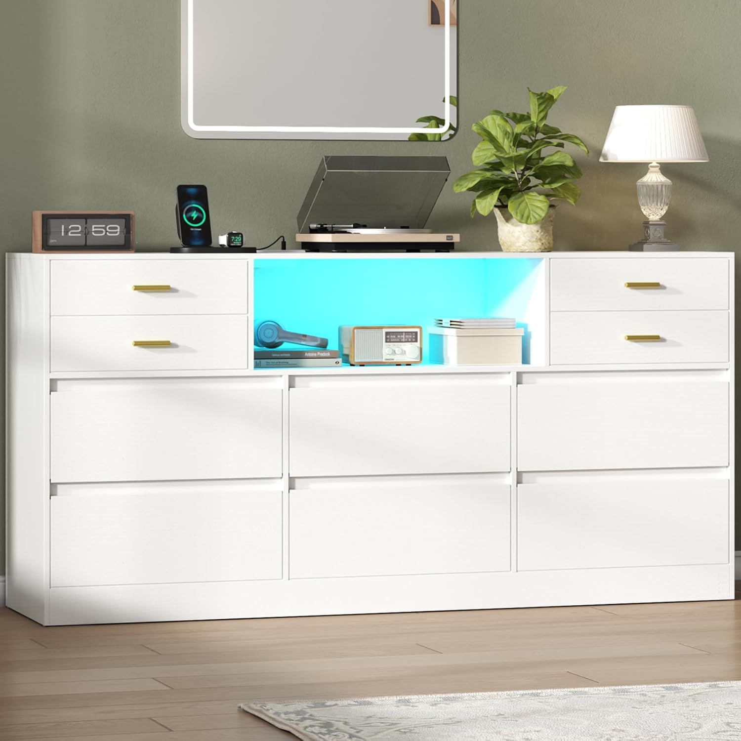 10 Drawers Dresser, LED Dressers & Chests of Drawers with Power Outlet, 58" Wide Long Dresser for Bedroom, Modern TV Stand with 1 Open Storage Cubbies (White)