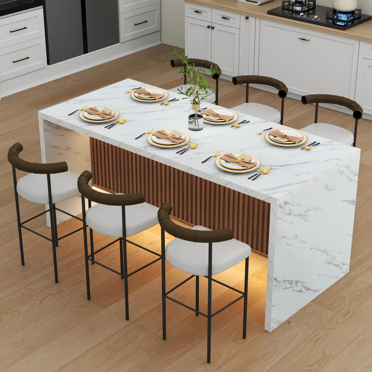 71" Large Imitation Marble Dining Table for 6-8 People, with LED Lights