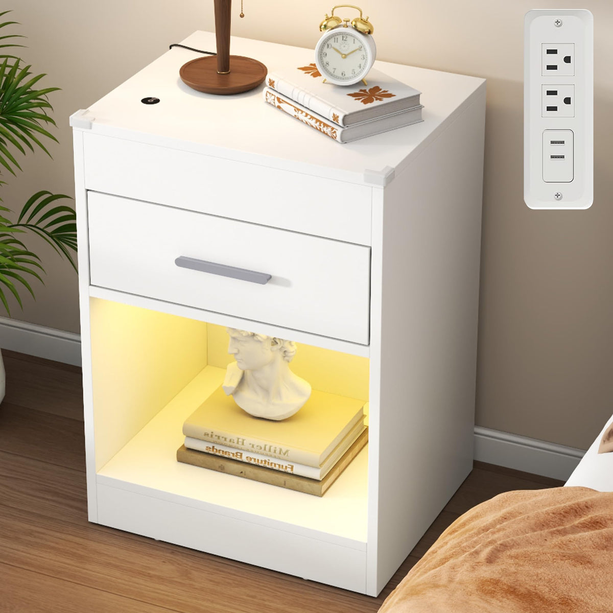 Black Nightstand Set of 2 with Charging Station & RFID Lock,LED Night Stand