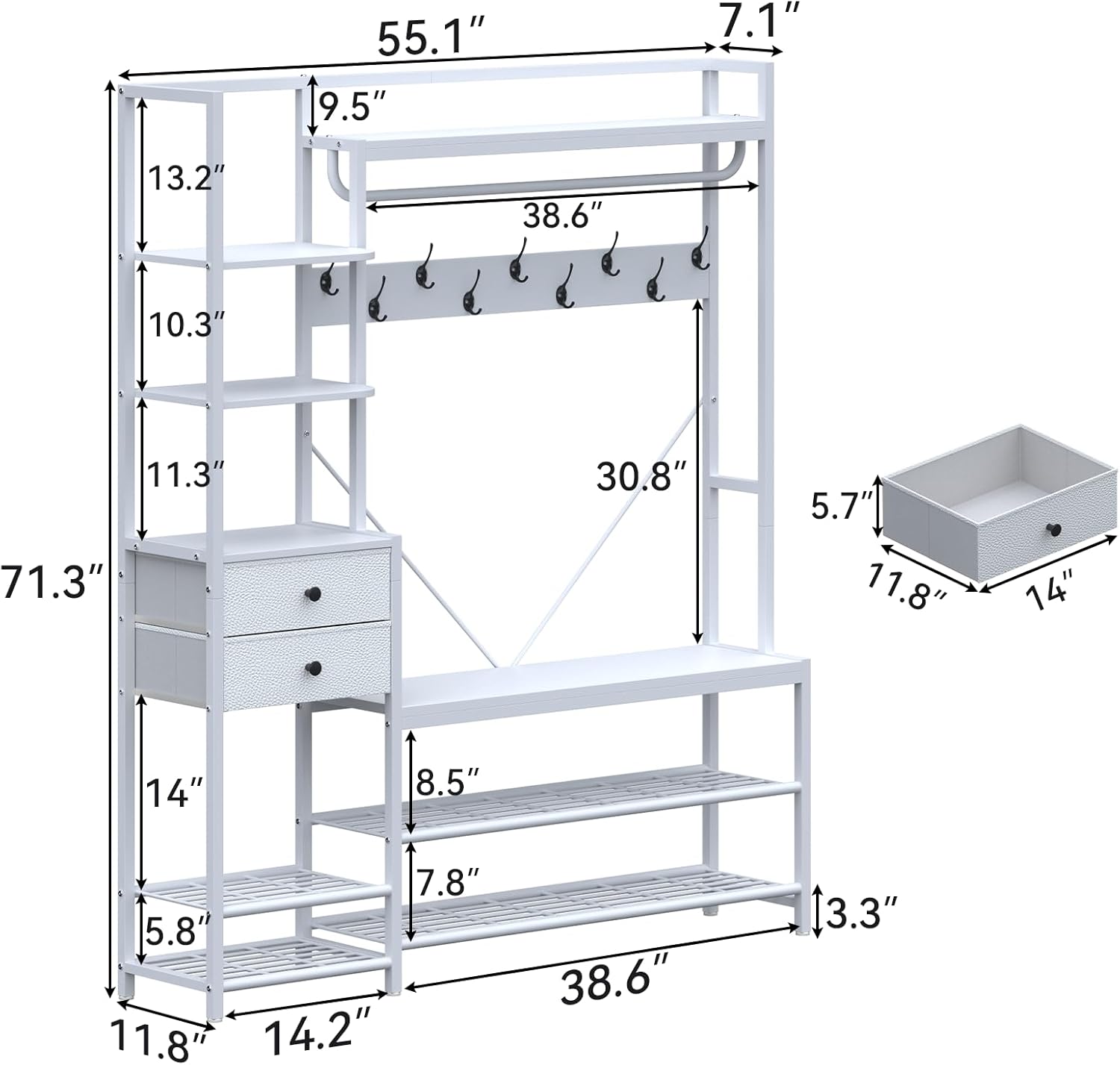 7-in-1 Hall Tree with Bench and Shoe Storage for Entryway, Entryway Bench with Coat Rack, Storage Shelves, Shoe Race, Coat Hooks and 2 Fabric Drawers for Hallway(White)