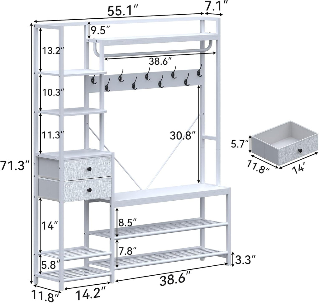 White Hall Tree with Bench and Shoe Storage, 55" Wide Entryway Coat Rack