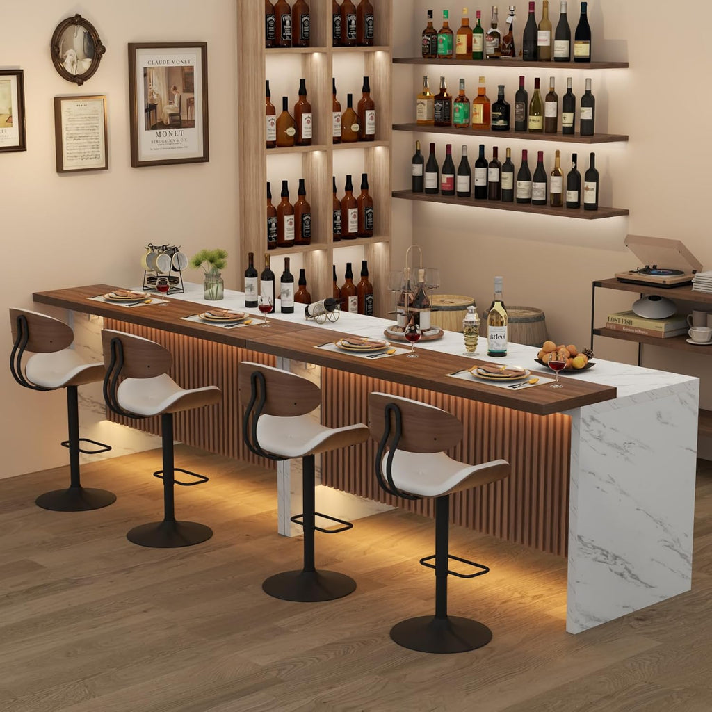 63" Large Imitation Marble Bar Table,Island Table with LED Lights,Mordern Marble Stripes Freestanding Mini Bar with Grille design,Home Bar Unit for Home Kitchen, Living Room, Balcony, Basement (White)