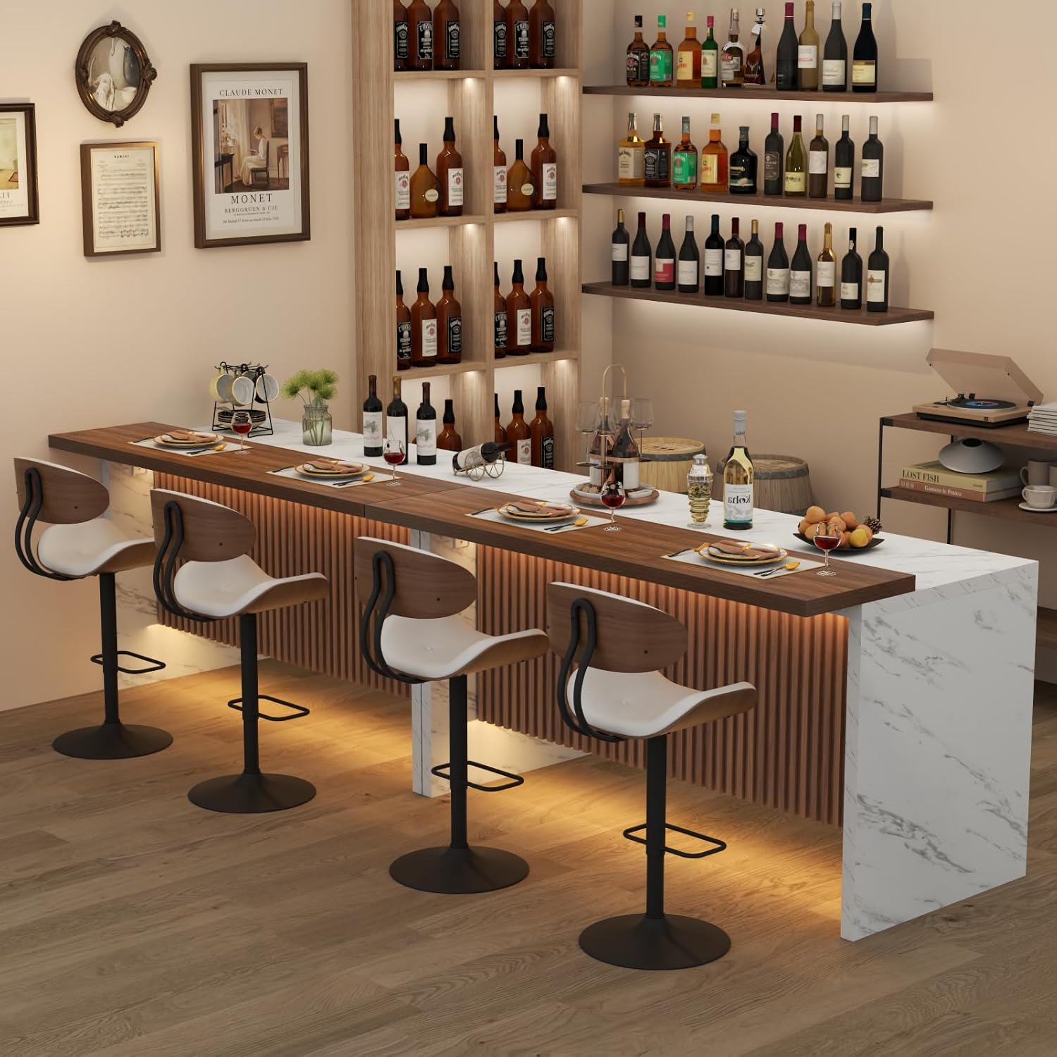 63" Large Imitation Marble Bar Table,Island Table with LED Lights,Mordern Marble Stripes Freestanding Mini Bar with Grille design,Home Bar Unit for Home Kitchen, Living Room, Balcony, Basement (White)