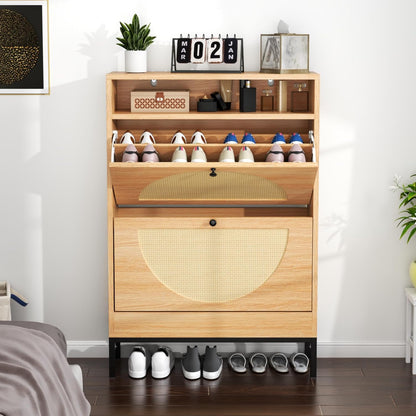 Rattan Shoe Cabinet with 2 Flip Drawers, Free Standing Narrow Shoe Storage Organizer with Top Cubby, Slim Shoe Rack Cabinet for Entryway, Natural (Natural)
