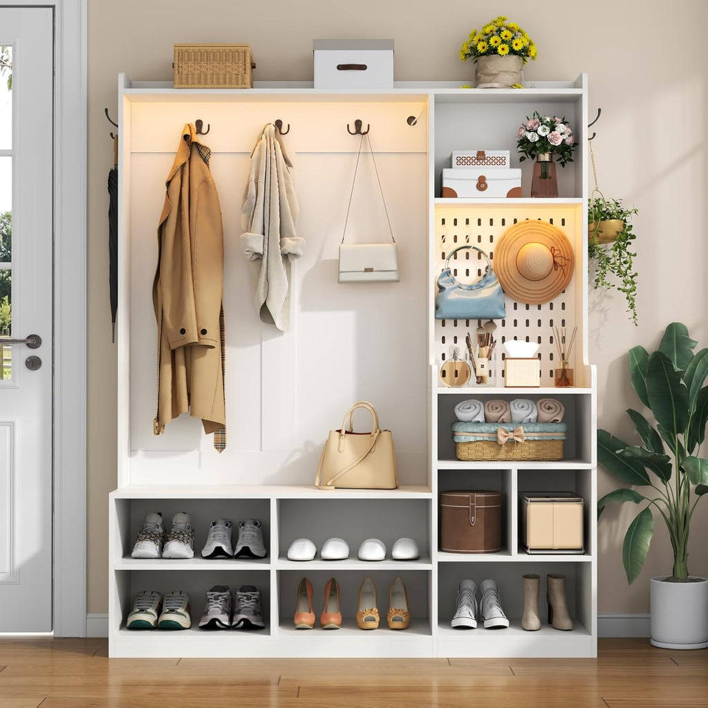 Hall Tree with Shoe Storage, Entryway Bench with Coat Rack & LED Lights, Modern Hall Trees with 9 Cubbies & 5 Hooks, Mudroom Coat Rack Cabinet, White
