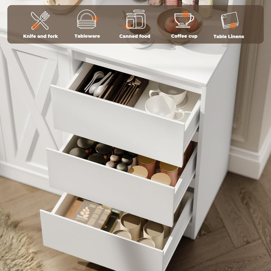 Farmhouse Kitchen Pantry Cabinet with Power Outlet & LED Light, Large Coffee Bar Cupboard with Microwave Stand, 3 Doors & 3 Drawers, 7 Cup Holders & 8 Open Cubbies, Adjusted Shelves (White)