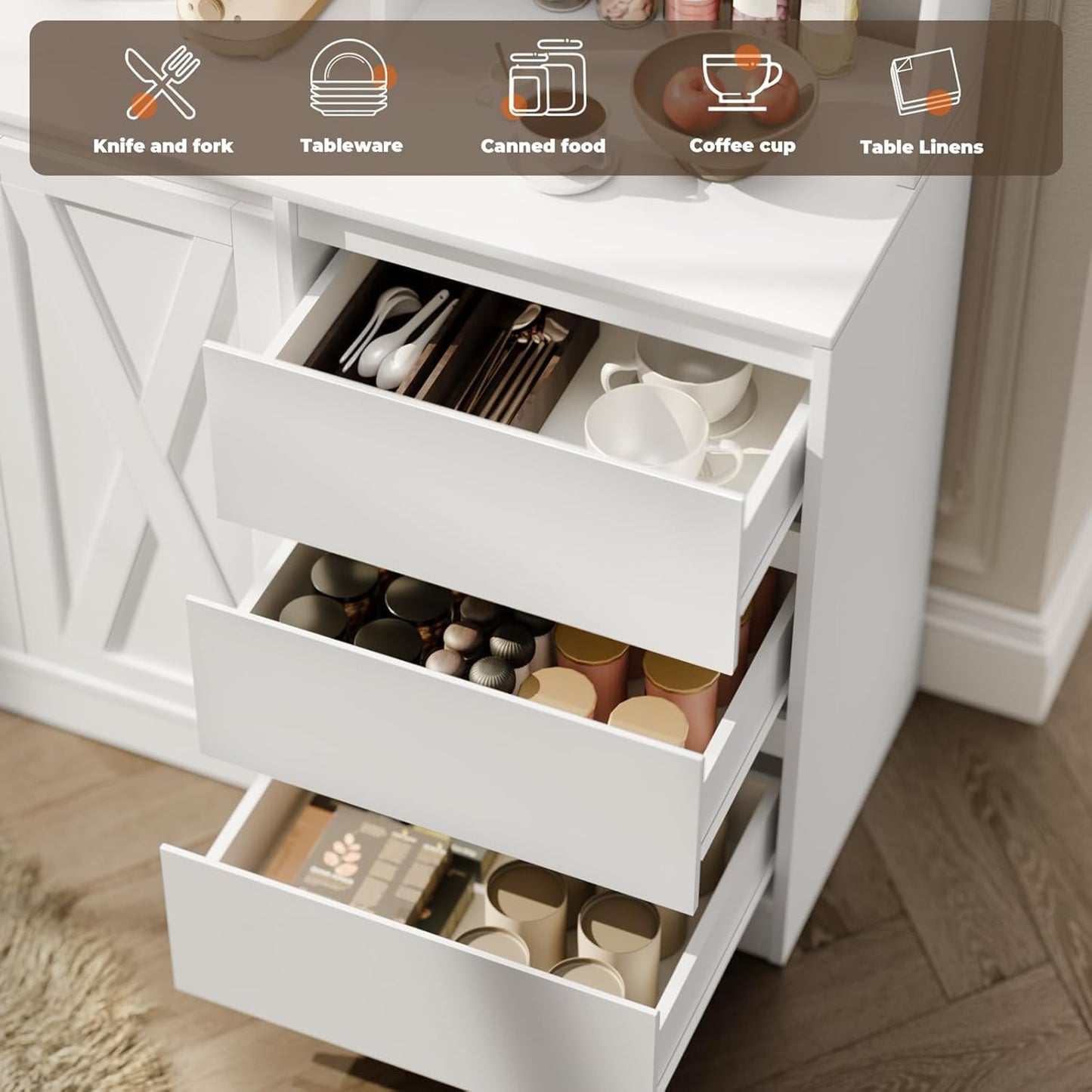 Farmhouse Kitchen Pantry Cabinet with Power Outlet & LED Light, Large Coffee Bar Cupboard with Microwave Stand, 3 Doors & 3 Drawers, 7 Cup Holders & 8 Open Cubbies, Adjusted Shelves (White)