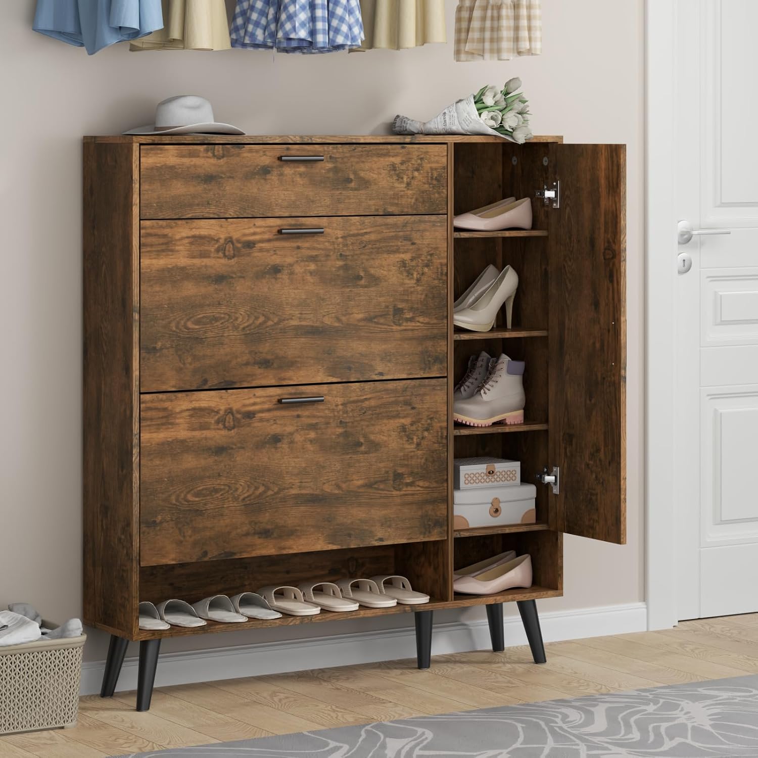 Shoe Storage Cabinets, 16 Pairs Free Standing Shoe Organizer with 2 Flip Drawers for Entryway, Narrow 3 Tier Entryway Hidden Shoe Rack with Doors (Upgraded Rustic)