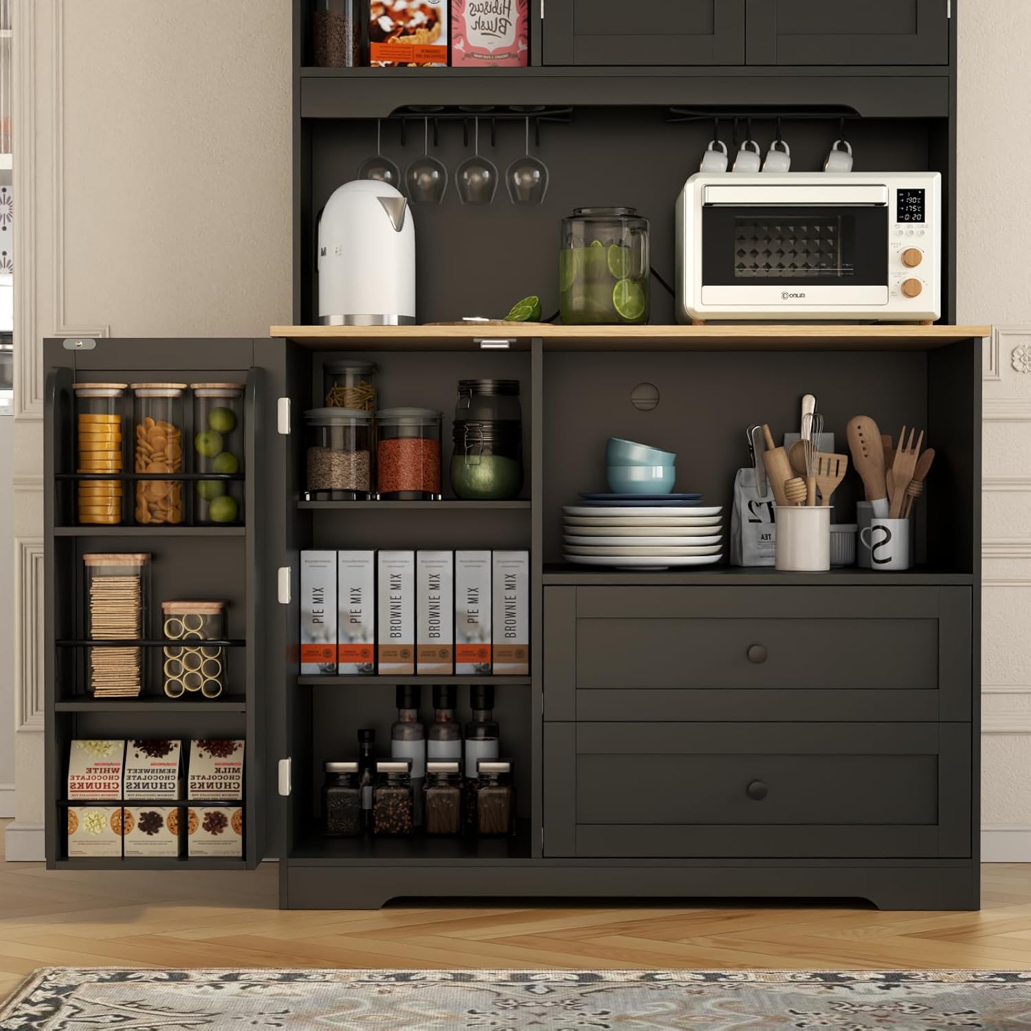 Kitchen Pantry Storage Cabinet,Freestanding Buffet Cabinet with Wine Glass Holder and 2 drawers,Food Pantry with Doors and Shelves,Tall Kitchen Hutch with Microwave Stand for Kitchens (Black)