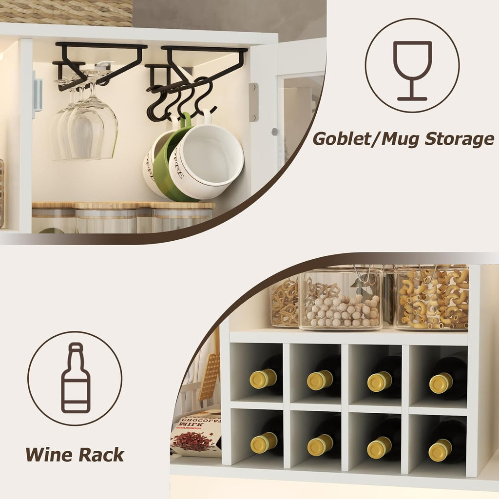 Kitchen Pantry Cabinet with Trash Can Storage, White Kitchen Hutch with Power Outlet & LED Light, Tall Bar Cabinet with Drawers & Wine Rack & Microwave Stand, Modern Pantries for Home (White)