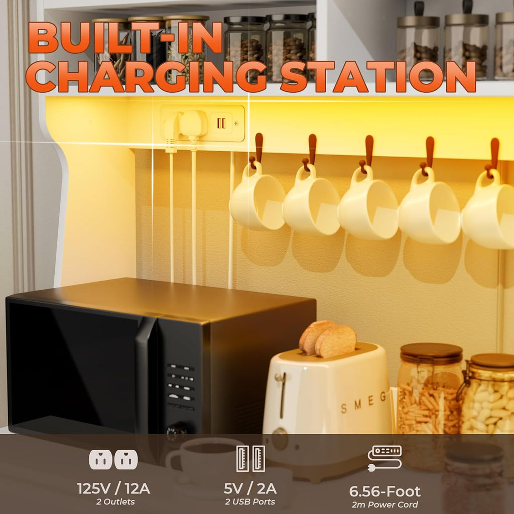 Farmhouse Kitchen Pantry Cabinet with Power Outlet & LED Light, Large Coffee Bar Cupboard with Microwave Stand, 3 Doors & 3 Drawers, 7 Cup Holders & 8 Open Cubbies, Adjusted Shelves (White)