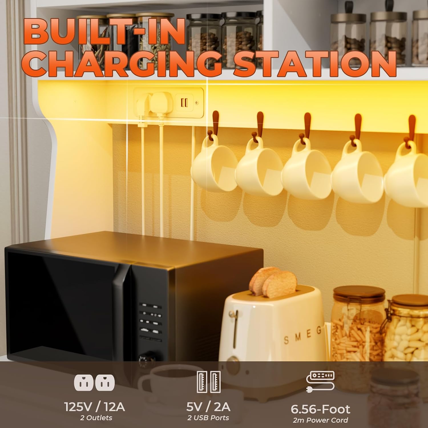 Farmhouse Kitchen Pantry Cabinet with Power Outlet & LED Light, Large Coffee Bar Cupboard with Microwave Stand, 3 Doors & 3 Drawers, 7 Cup Holders & 8 Open Cubbies, Adjusted Shelves (White)