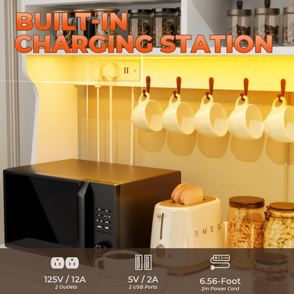 Farmhouse Kitchen Pantry Cabinet with Power Outlet & LED Light, Large Coffee Bar Cupboard with Microwave Stand, 3 Doors & 3 Drawers, 7 Cup Holders & 8 Open Cubbies, Adjusted Shelves (White)