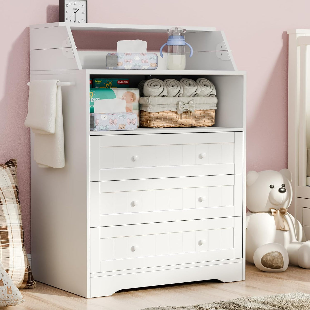 Baby Changing Table with Foldable Tabletop,White Baby Dresser with 3 Drawer