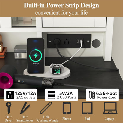 Farmhouse Makeup Vanity Desk with Sliding Mirror and Lights, 42" White Vanity Set with Charging Station & 2 Drawers & 2 Cabinets, Dressing Table for Bedroom (White)