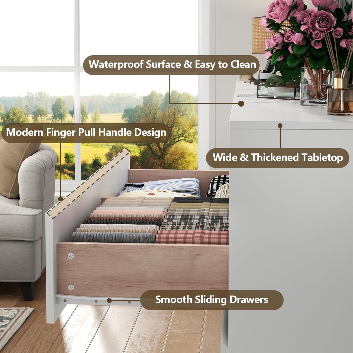 63" Wide 6-Drawer White Dresser with Divided Compartments, Charging Station & LED Lights, TV Stand for TVs up to 75", Large Organizer with 4 Open Cubbies