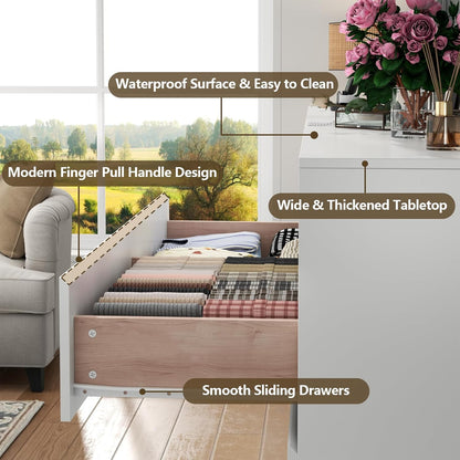 63" Wide 6-Drawer White Dresser with Divided Compartments, Charging Station & LED Lights, TV Stand for TVs up to 75", Large Organizer with 4 Open Cubbies