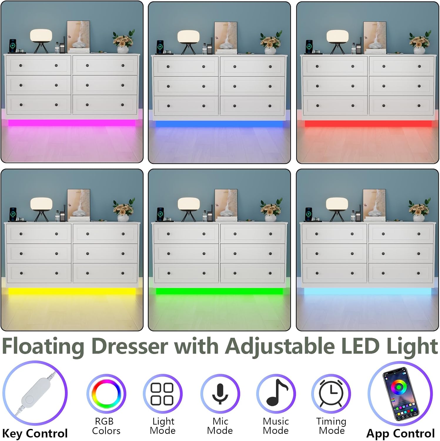 6 Drawer Dresser with Power Outlet and LED Light, Modern Floating Storage Dresser for Bedroom, Living Room