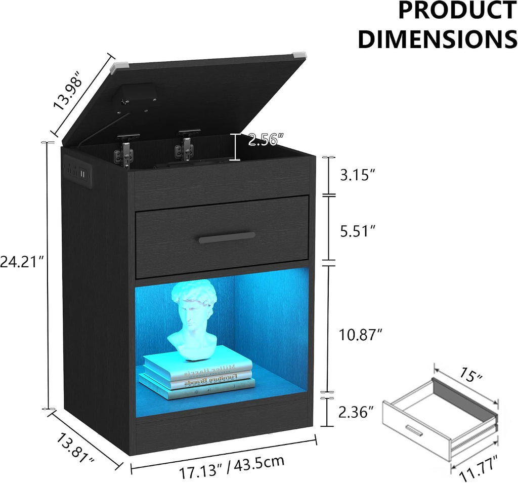 Black Nightstand Set of 2 with Charging Station & RFID Lock,LED Night Stand