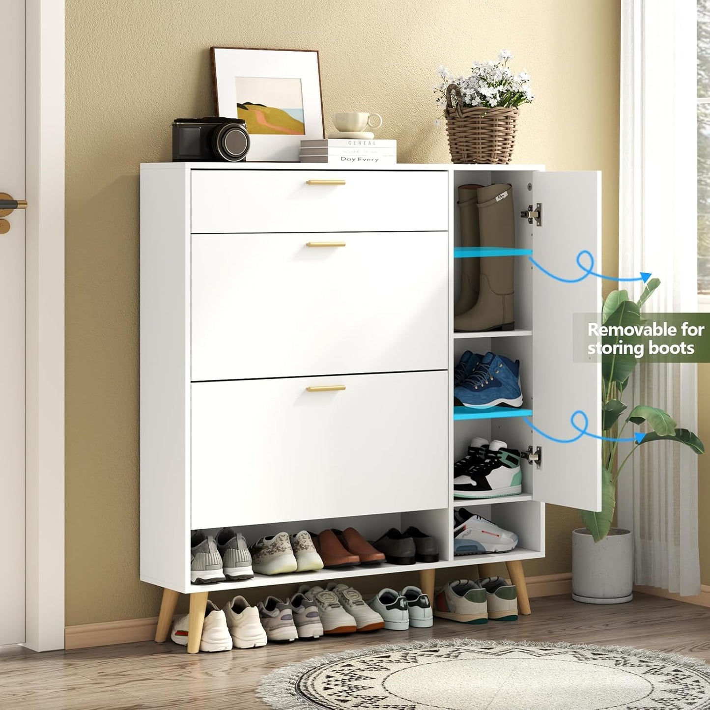 Shoe Cabinet with 3 Flip Drawers & Side Cabinet and Adjustable Shelves, Narrow Entryway Hidden Shoe Rack with Doors, Hallway Organizer (White)