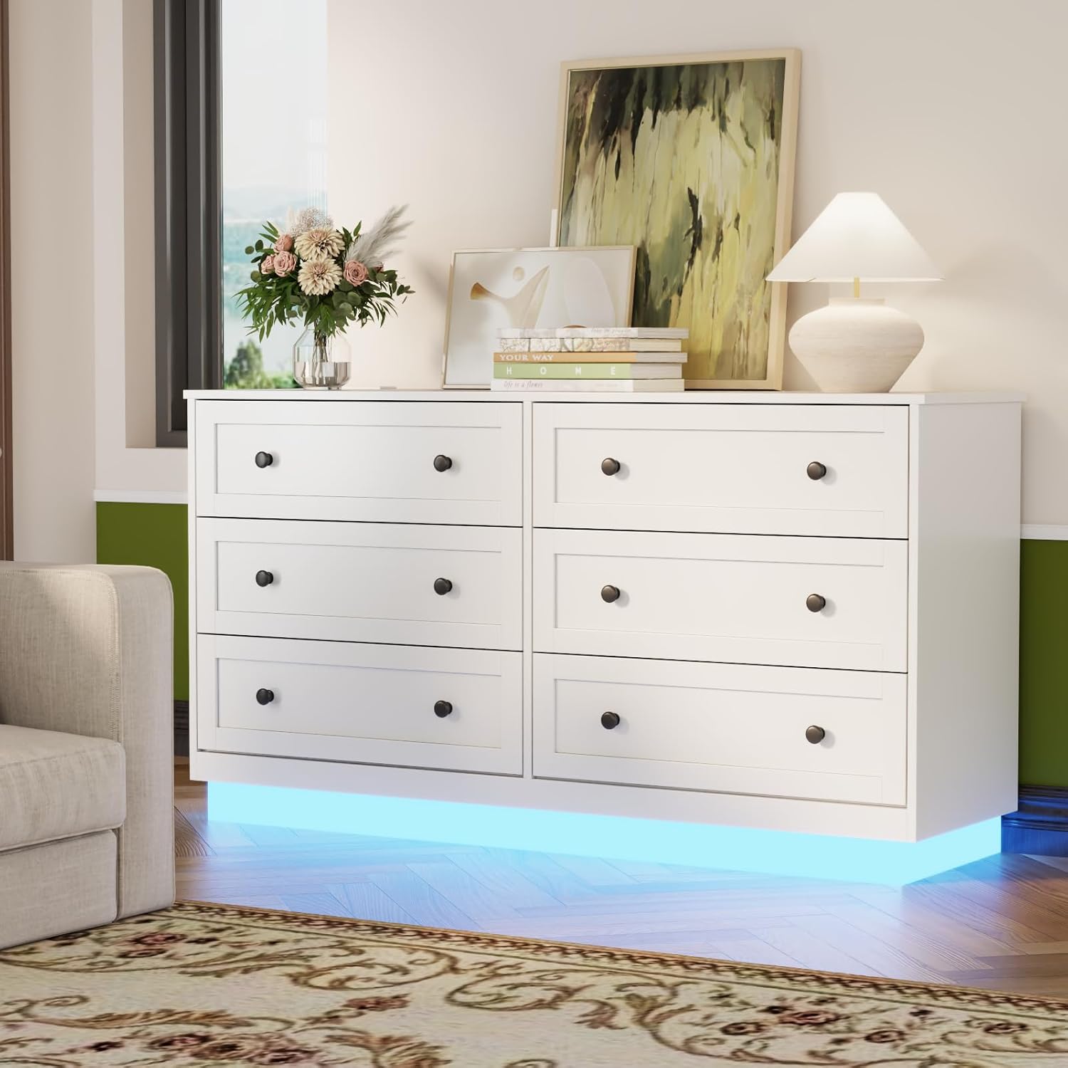 6 Drawer Dresser with Power Outlet and LED Light, Modern Floating Storage Dresser for Bedroom, Living Room