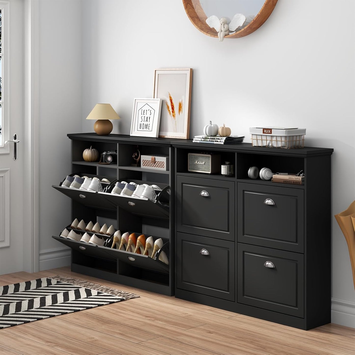 Shoe Cabinet with 4 Flip Drawers, Shoe Storage Cabinet for Entryway, Freestanding Hidden Shoe Cabinet Organizer with Open Storage, Slim Narrow Shoe Rack Cabinet (Black)