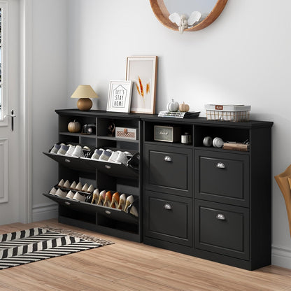 Shoe Cabinet with 4 Flip Drawers, Shoe Storage Cabinet for Entryway, Freestanding Hidden Shoe Cabinet Organizer with Open Storage, Slim Narrow Shoe Rack Cabinet (Black)