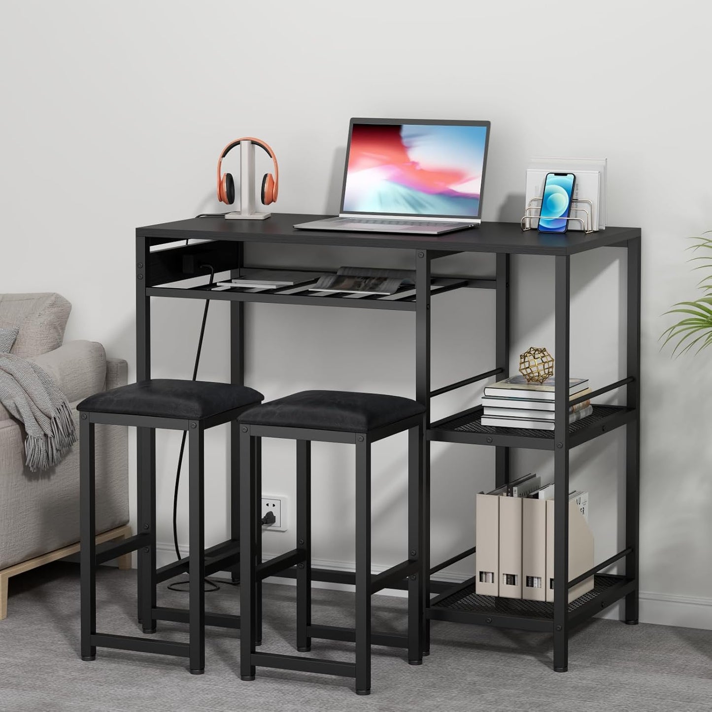 Bar Table and Chairs Set with Power Outlet, Pub Table and Chairs Set for 2 with 2 Storage Shelves, 3 Piece Table Set with Wine Rack&Glass Holder for Living Room,Dining Room,Small Apt (Black)