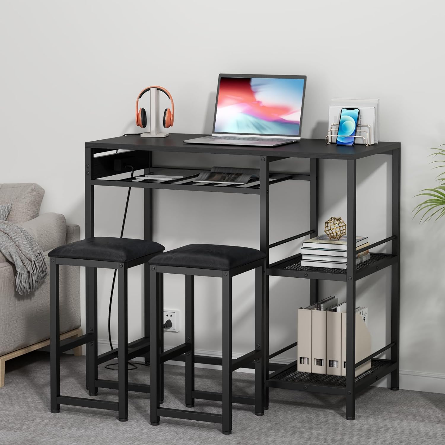 Bar Table and Chairs Set with Power Outlet, Pub Table and Chairs Set for 2 with 2 Storage Shelves, 3 Piece Table Set with Wine Rack&Glass Holder for Living Room,Dining Room,Small Apt (Black)