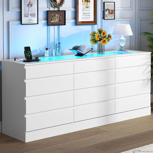 12 Drawer Dresser for Bedroom, White Dresser with Power Outlet & LED Lights