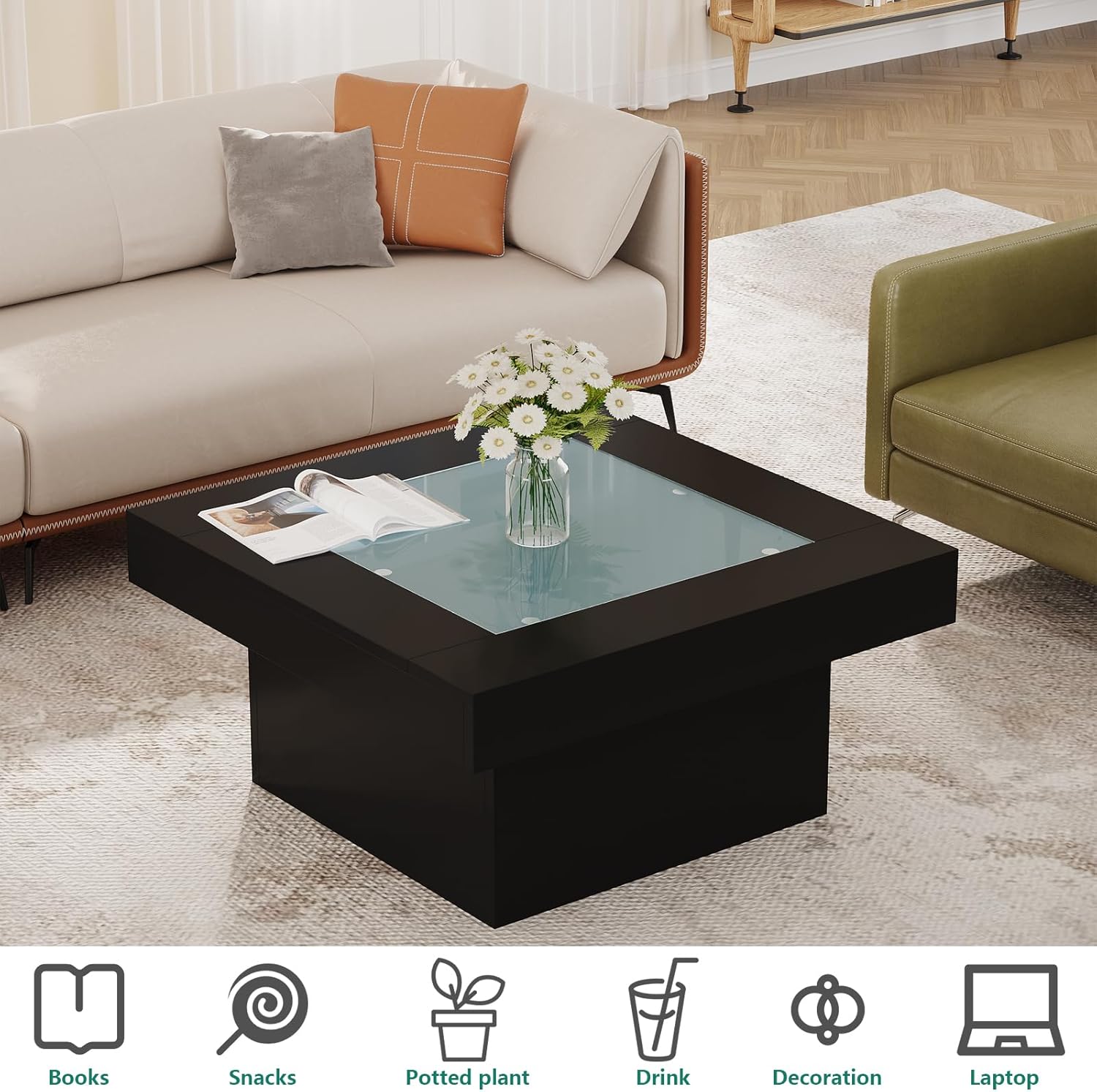 Square Coffee Table with LED Lights, 35.4" Coffee Tables for Living Room, Tempered Glass-top Coffee Table, Black Modern Center Table, Engineered Wood Low Coffee Tables for Home Office