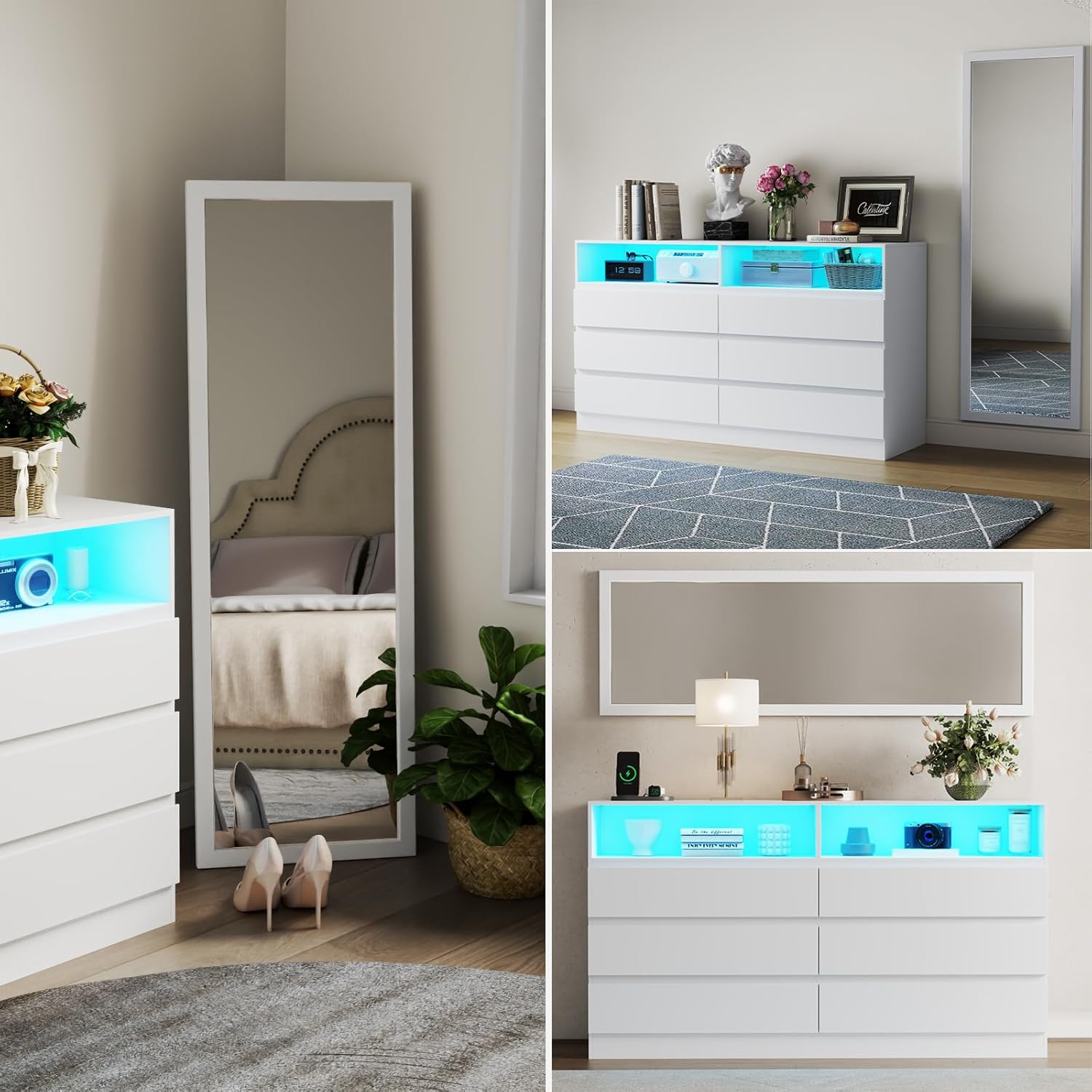 6 Drawer Dresser with Mirror for Bedroom, Accent Chests of Drawers with LED Light and Power Outlet, White 6 Dresser with Charging Station and 47"x15.7" Full Length Mirror (White)