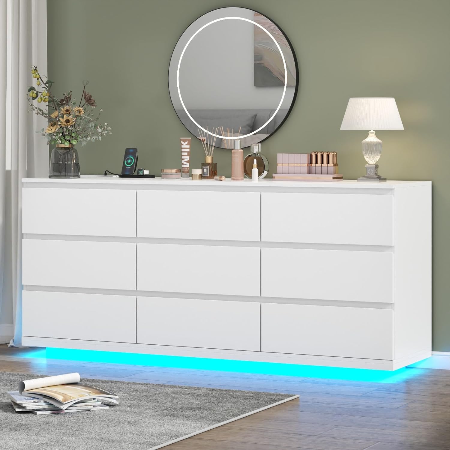 9 Drawer Dresser with Power Outlet and LED Lighting, Floating White Dresser Chest of Drawers, The Modern Organizer for Bedroom & Living Room (White)