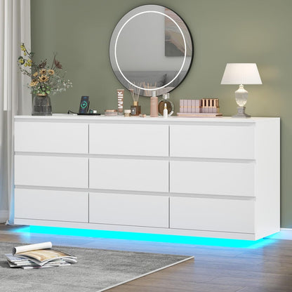 9 Drawer Dresser with Power Outlet and LED Lighting, Floating White Dresser Chest of Drawers, The Modern Organizer for Bedroom & Living Room (White)