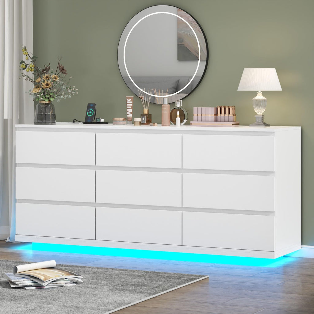 6 Drawer Dresser with Power Outlet, Floating White Dresser Chest of Drawer with LED Light,Modern Double Wide Drawer Organizer Cabinet for Bedroom,Living Room (Black)