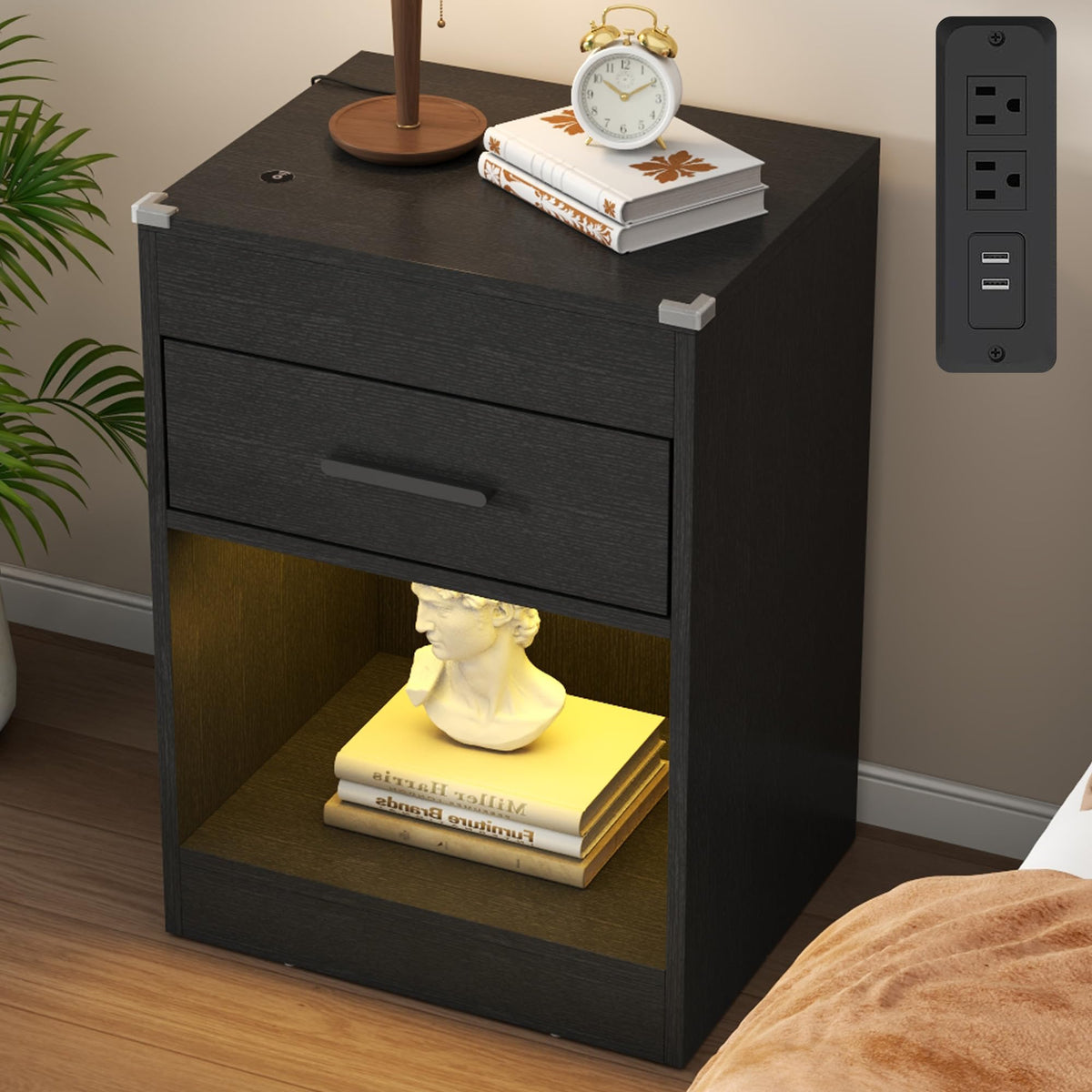 Black Nightstand Set of 2 with Charging Station & RFID Lock,LED Night Stand