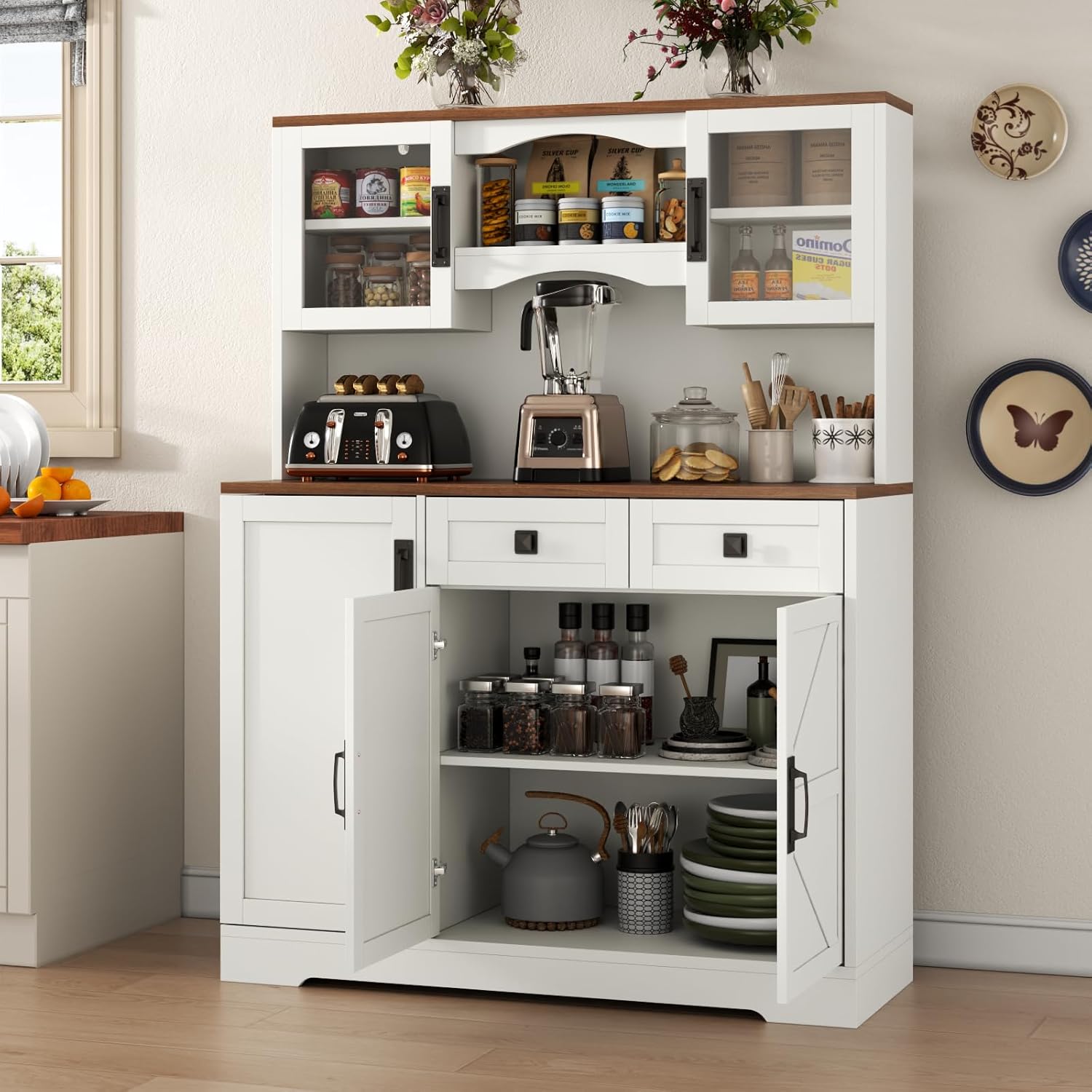 60" Tall Farmhouse Kitchen Pantry Storage Cabinet,Kitchen Hutch with Microwave Stand,Freestanding Buffet Pantry Cabinet with Glass Door and Adjustable Shelves for Dining Room (White)