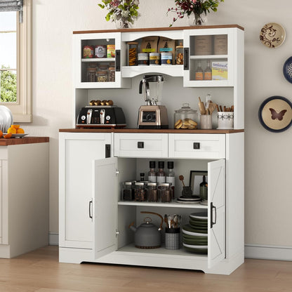 60" Tall Farmhouse Kitchen Pantry Storage Cabinet,Kitchen Hutch with Microwave Stand,Freestanding Buffet Pantry Cabinet with Glass Door and Adjustable Shelves for Dining Room (White)