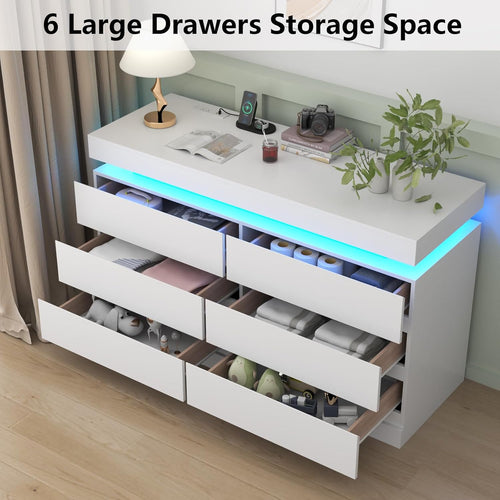 6 Drawer Dresser with Power Outlet, Dresser with LED Light, Modern Chest of Drawers for Closet, Double Wide Drawer Organizer Cabinet for Bedroom, Living Room (White, 6 Drawers)