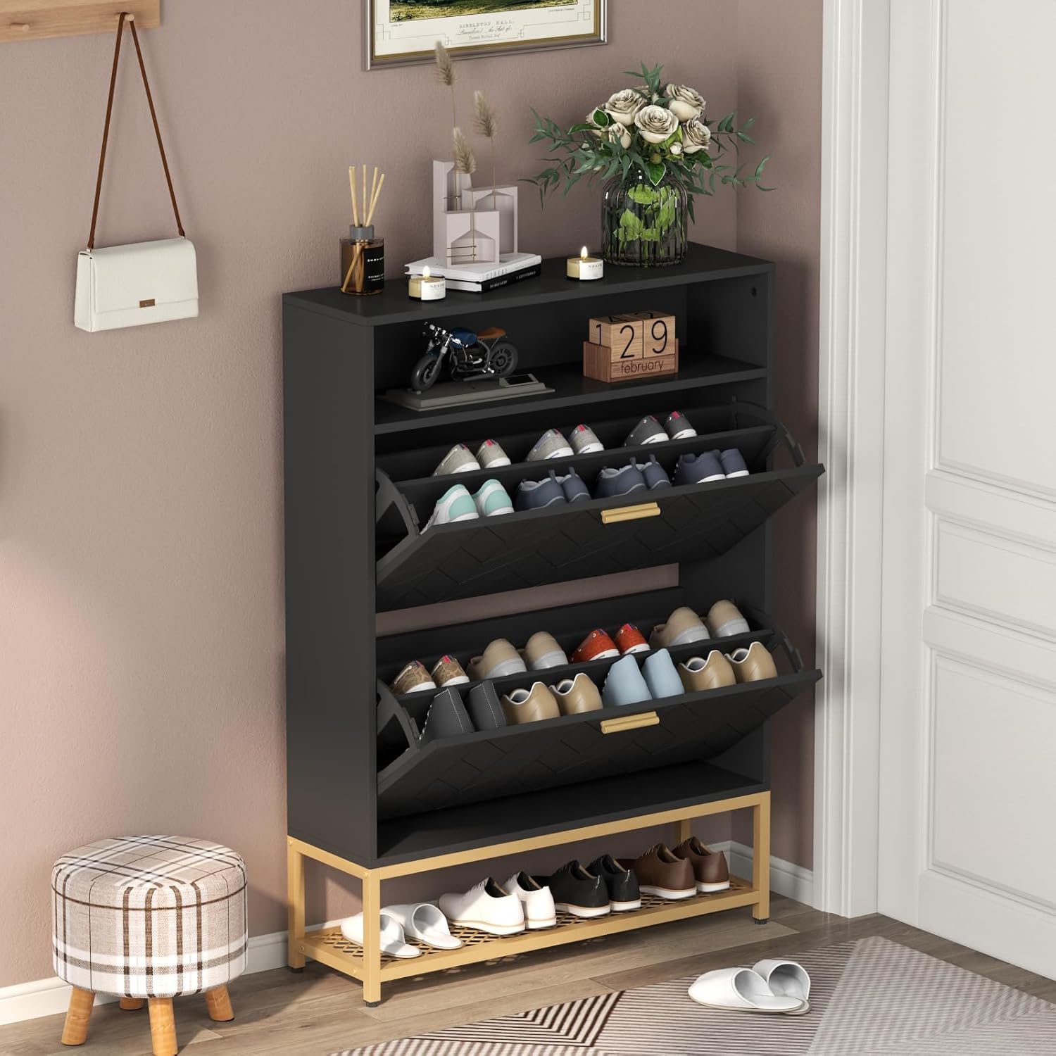 Shoe Storage Cabinet with 2 Flip Drawers, Freestanding Tipping Bucket Shoe Rack Organizer with Top Cubby & Storage Shelf, Narrow Slim Hidden Shoe Cabinet for Entryway, Hallway, Bedroom, Black