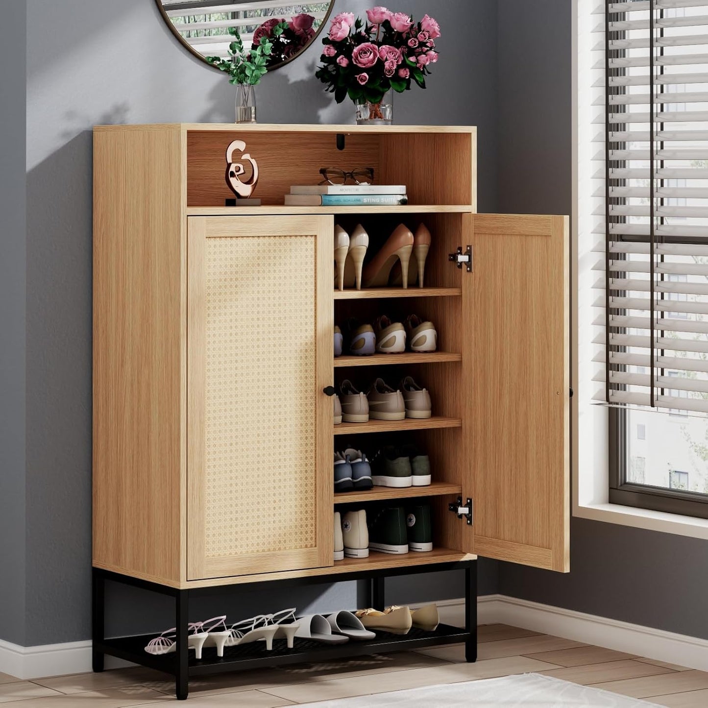 Natural Rattan Shoe Cabinet Entryway, 7-Tier Shoe Organizer with Doors, 46.54’’ Tall Shoe Rack Storage with Adjustable Shelves and Open Storage Space for Hallway, Closet (Natural)