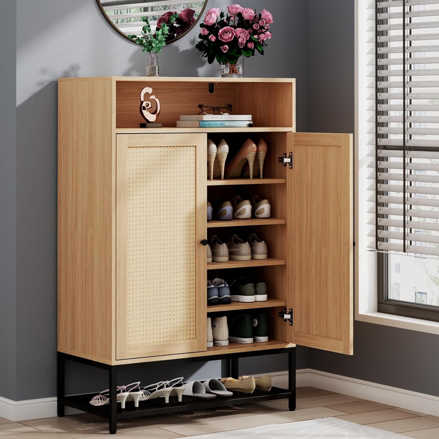 Natural Rattan Shoe Cabinet Entryway, 7-Tier Shoe Organizer with Doors, 46.54’’ Tall Shoe Rack Storage with Adjustable Shelves and Open Storage Space for Hallway, Closet (Natural)