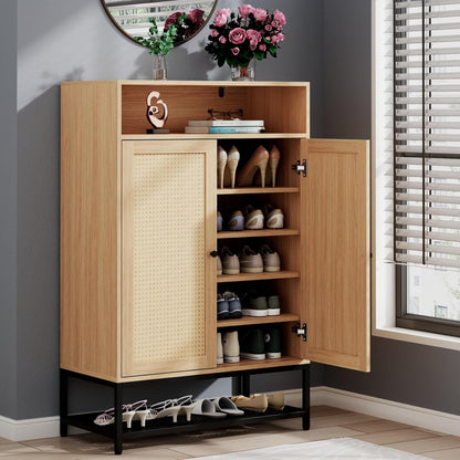 Natural Rattan Shoe Cabinet Entryway, 7-Tier Shoe Organizer with Doors, 46.54’’ Tall Shoe Rack Storage with Adjustable Shelves and Open Storage Space for Hallway, Closet (Natural)